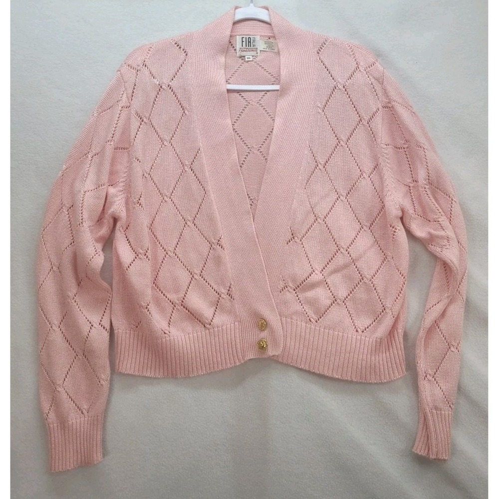 Fia Italia Handloomed Vtg Pink Diamond Knit Open Front Cardigan Sweater Coquette
